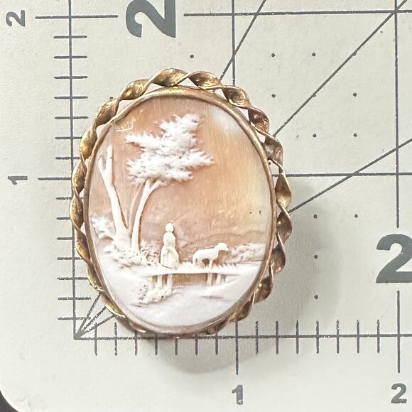Antique Victorian gold filled woman with dog bridge carved shell cameo brooch - Picture 9 of 9